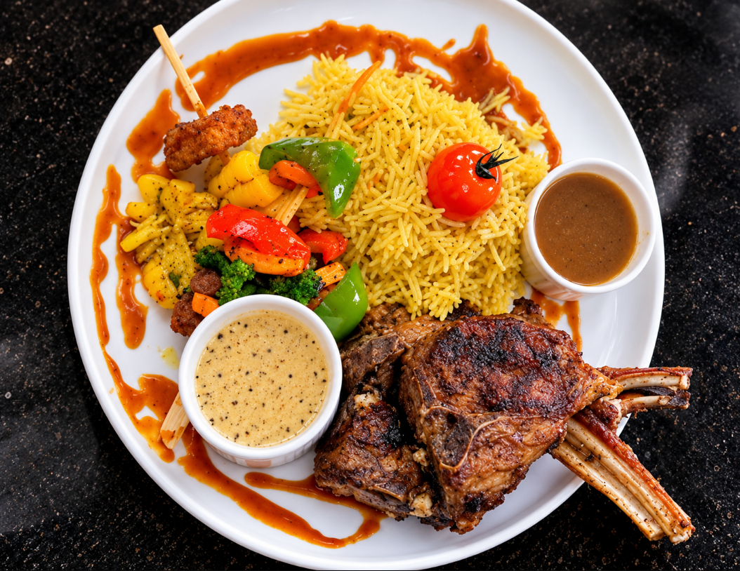 Lamb chops with yellow rice and vegetables