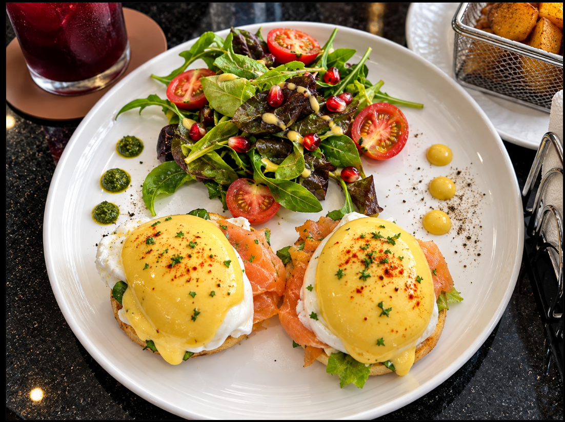 Eggs Benedict with smoked salmon and salad