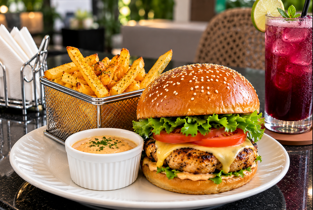 Chicken burger with fries and a drink