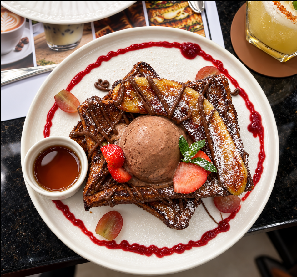French toast with ice cream and strawberries